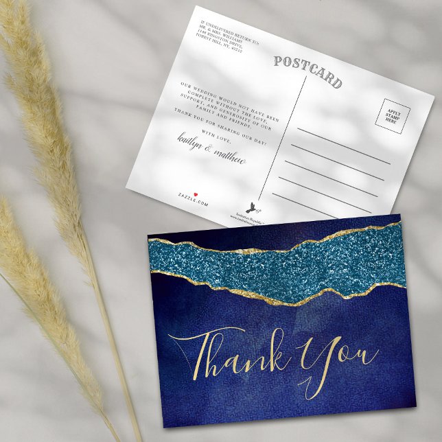 Elegant Navy Blue Agate Wedding Thank You Announcement Postcard (Creator Uploaded)