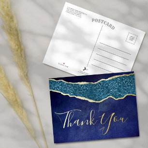 Elegant Navy Blue Agate Wedding Thank You Real Foil Invitation Postcard