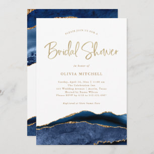 Elegant Navy Blue Agate with Gold   Bridal Shower Invitation