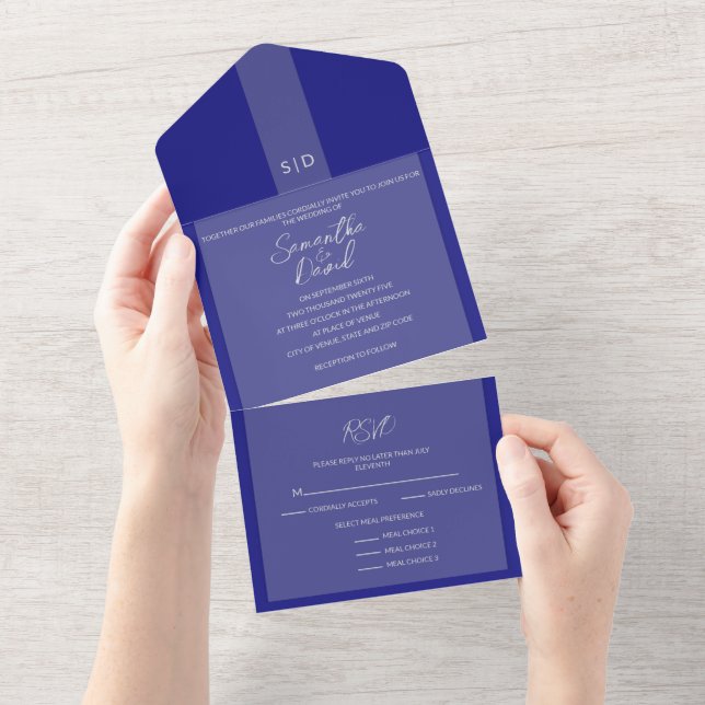 Elegant Navy Blue All in One Wedding Invitation (Tearaway)
