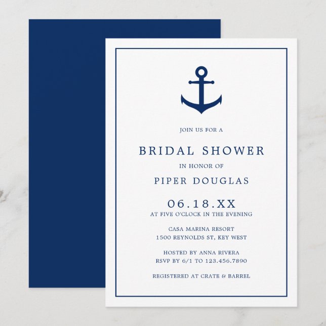 Elegant Navy Blue Anchor Nautical Bridal Shower Invitation (Front/Back)
