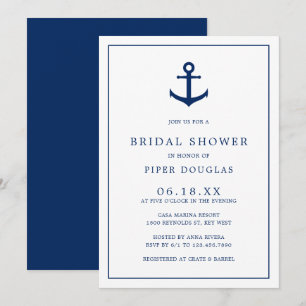 Elegant Navy Blue Anchor Nautical Bridal Shower Invitation
