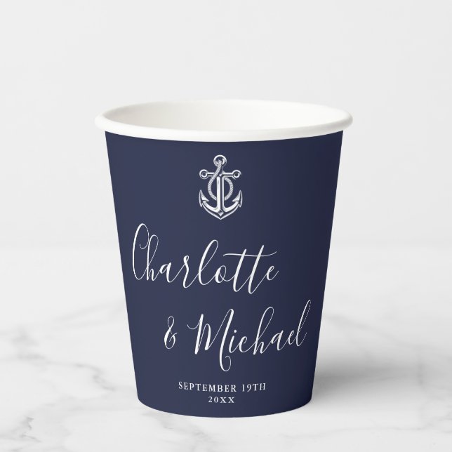 Elegant Navy Blue Anchor Nautical Wedding Paper Cups (Front)