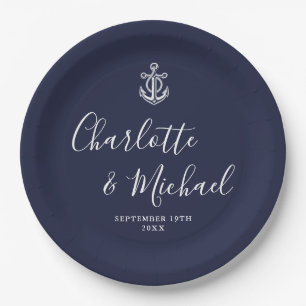 Elegant Navy Blue Anchor Nautical Wedding Paper Plate