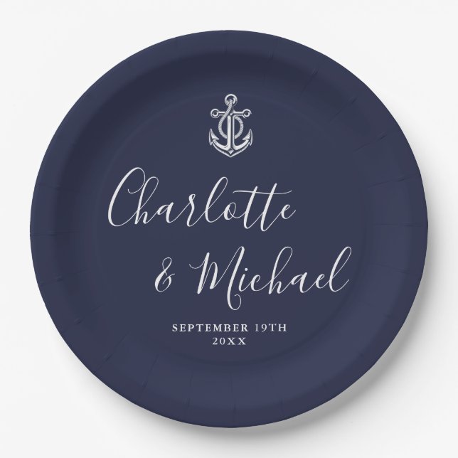 Elegant Navy Blue Anchor Nautical Wedding Paper Plate (Front)