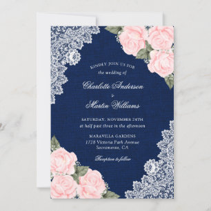 Elegant Navy Blue and Blush Burlap Floral Wedding Invitation