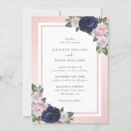 Elegant Navy Blue and Blush Floral Wedding Invitation