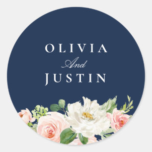 Elegant navy blue and blush flowers wedding classic round sticker