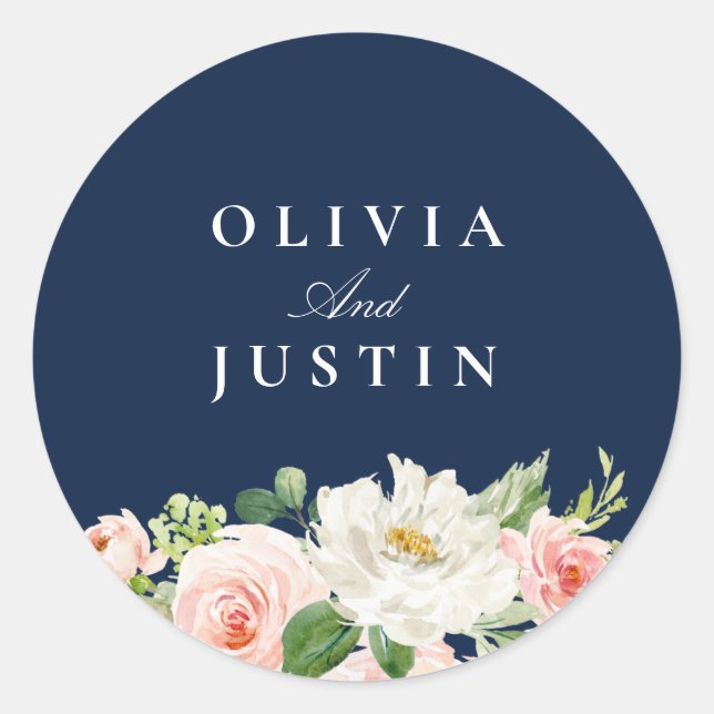 Elegant navy blue and blush flowers wedding classic round sticker (Front)