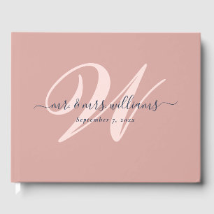 Elegant Navy Blue and Blush Monogram Wedding Guest Book