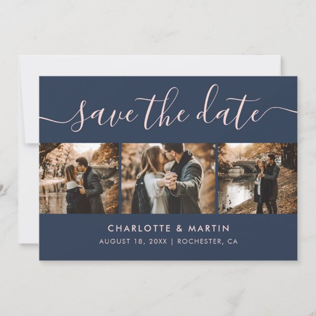 Elegant Navy Blue and Blush Photo Collage Save The Date (Front)