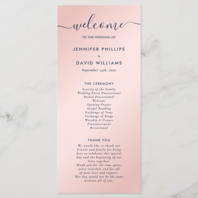 Elegant Navy Blue and Blush Wedding Programme (Front)