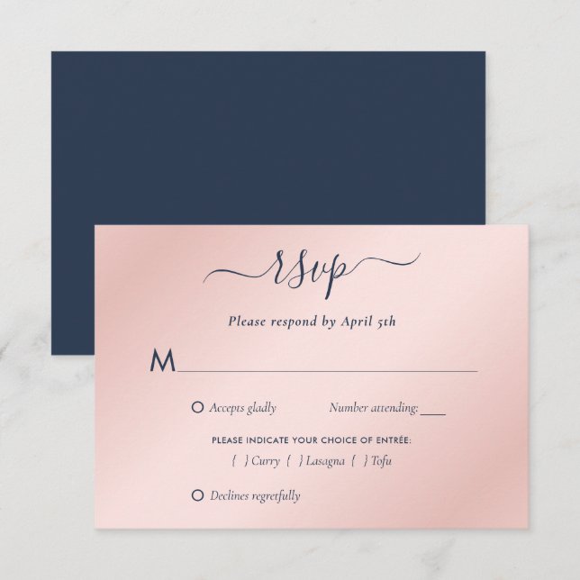 Elegant Navy Blue and Blush Wedding RSVP Card (Front/Back)