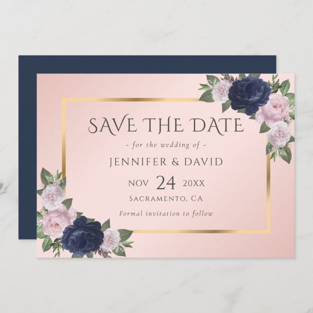 Elegant Navy Blue and Blush Wedding Save The Date (Front/Back)