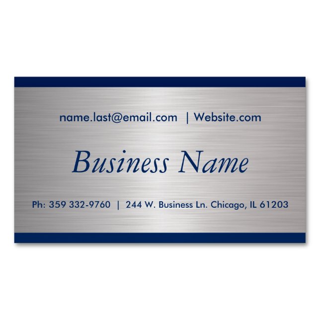 Elegant Navy Blue and Brush Silver Steel Magnetic Business Card (Front)