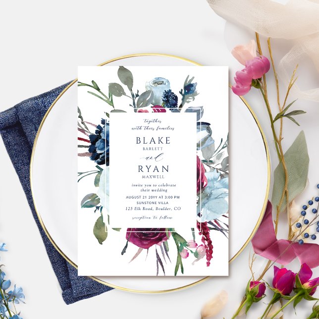 Elegant Navy Blue and Burgundy Wedding Invitation (Creator Uploaded)