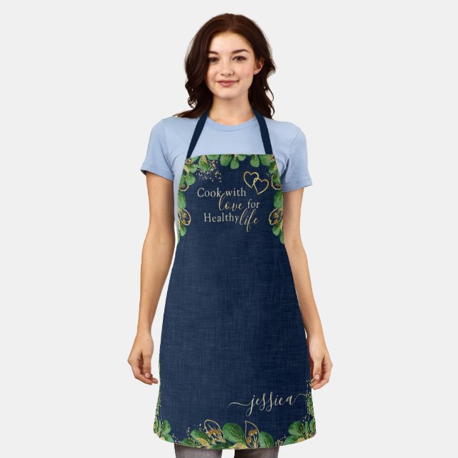 Elegant Navy Blue and Eucalyptus Greenery Kitchen Apron (Worn)
