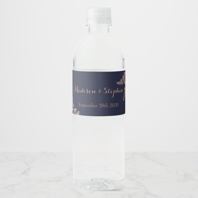 Elegant Navy Blue and Faux Rose Gold Wedding Water Bottle Label (Front)