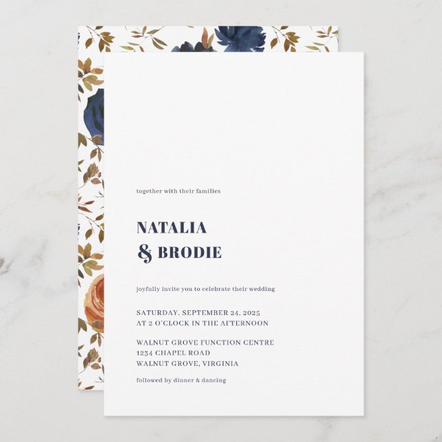 Elegant NAVY BLUE and Floral Wedding Invitation (Front/Back)