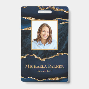 Elegant Navy Blue and Gold Agate ID Badge