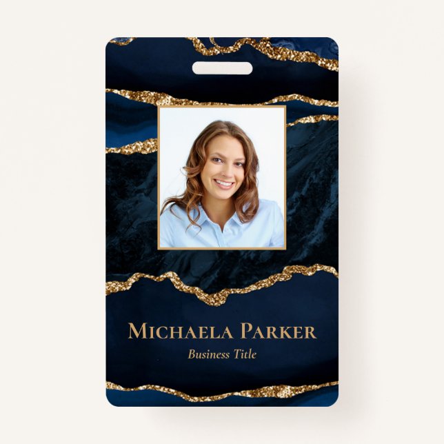Elegant Navy Blue and Gold Agate ID Badge (Front)
