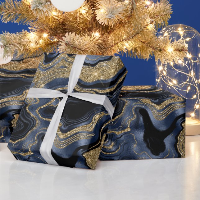 Elegant Navy Blue and Gold Agate Marble Pattern Wrapping Paper (Holidays)