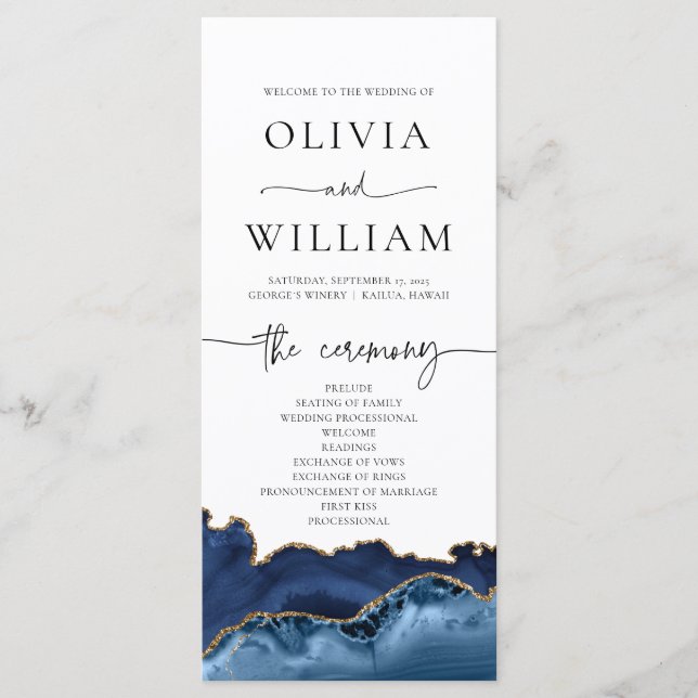 Elegant Navy Blue and Gold Agate Wedding Program Menu (Front)
