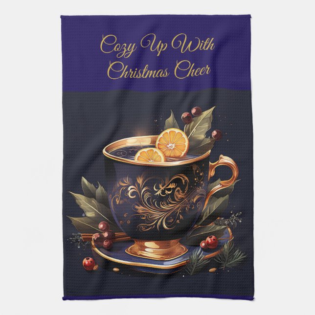Elegant Navy Blue and Gold Christmas  Tea Towel (Vertical)