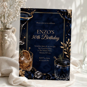 Elegant Navy Blue and Gold Cocktail Birthday Invitation
