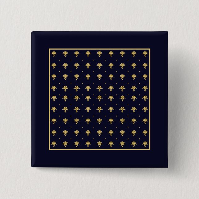 Elegant Navy Blue and Gold Damask 15 Cm Square Badge (Front)