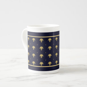 Elegant Navy Blue and Gold Damask Bone China Mug