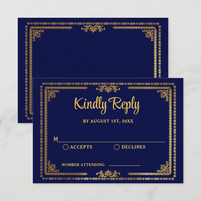 Elegant Navy Blue and Gold Deco Wedding RSVP Card (Front/Back)