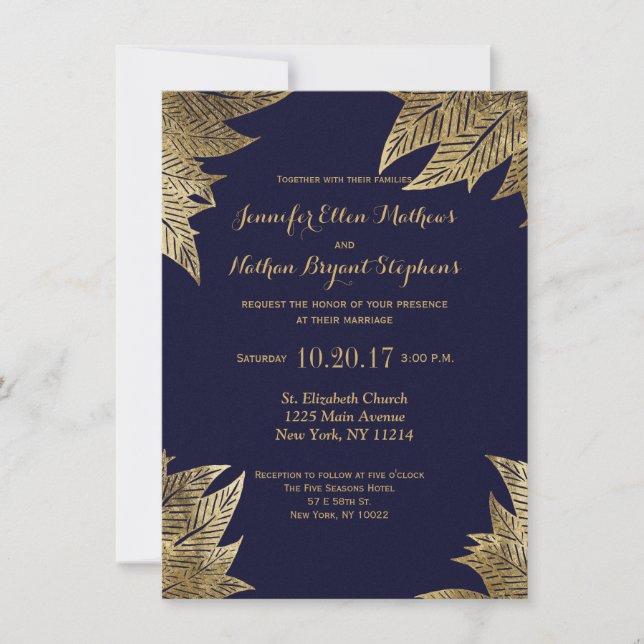 Elegant Navy Blue and Gold Faux Drawn Leaf Pattern Invitation (Front)
