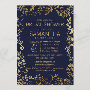 Elegant Navy Blue and Gold Floral Bridal Shower Invitation