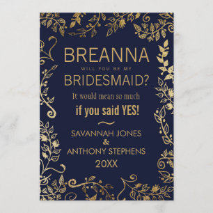 Elegant Navy Blue and Gold Floral Bridesmaids Invitation