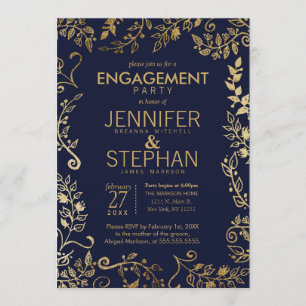 Elegant Navy Blue and Gold Floral Engagement Invitation