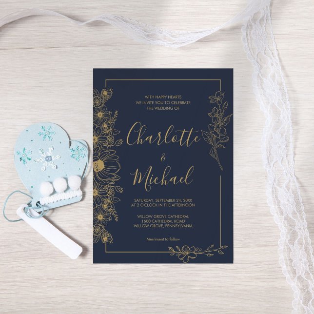 Elegant Navy Blue and Gold Floral Frame Wedding Invitation (Creator Uploaded)