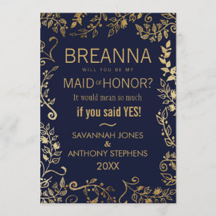 Elegant Navy Blue and Gold Floral Maid of Honour Invitation