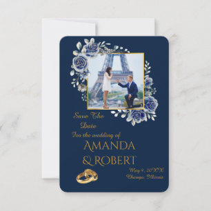 Elegant Navy Blue and Gold Floral Photo Save The Date