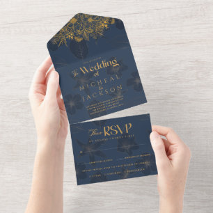 Elegant Navy Blue and Gold Floral Photo Wedding  All In One Invitation