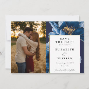 Elegant Navy Blue And Gold Floral Photo Wedding Save The Date