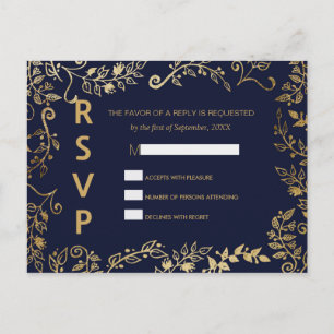 Elegant Navy Blue and Gold Floral RSVP Postcards
