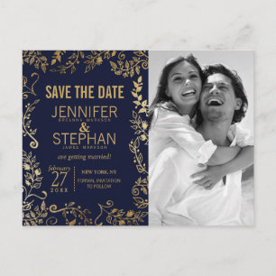 Elegant Navy Blue and Gold Floral Save the Dates Announcement Postcard