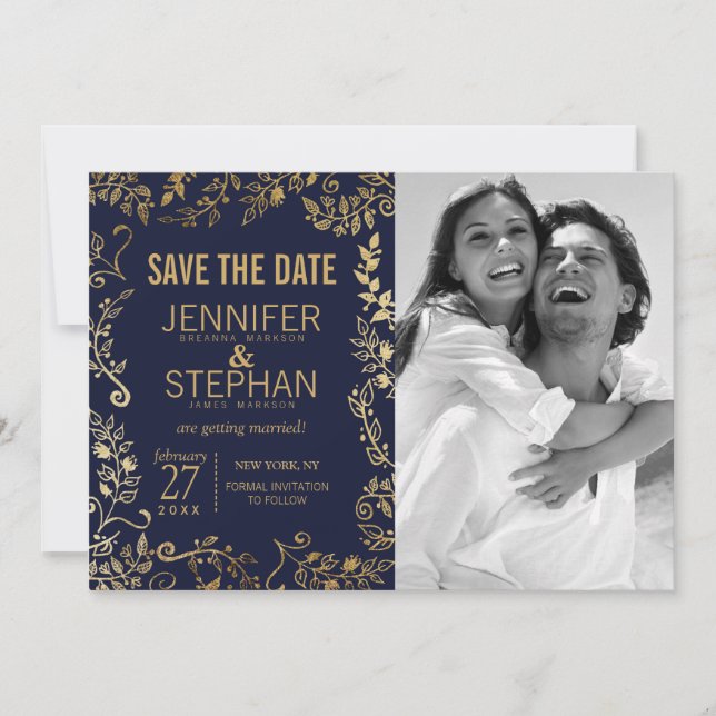 Elegant Navy Blue and Gold Floral Save the Dates Date (Front)