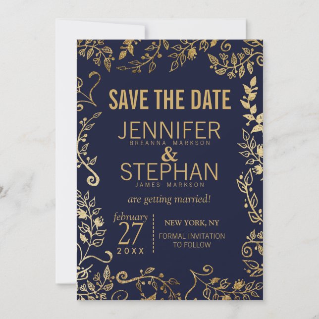 Elegant Navy Blue and Gold Floral Save the Dates Invitation (Front)