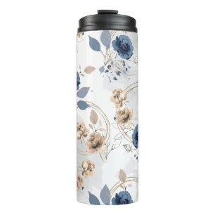 Elegant Navy Blue and Gold Floral Watercolor Thermal Tumbler