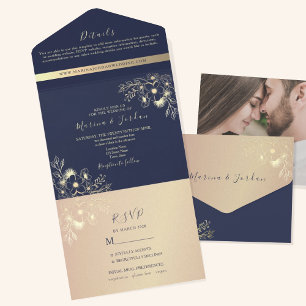 Elegant Navy Blue and Gold Floral Wedding All In One Invitation