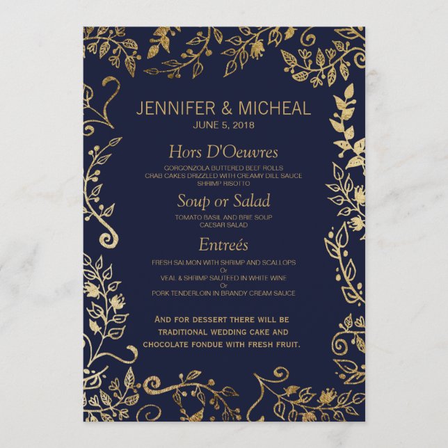 Elegant Navy Blue and Gold Floral Wedding Menu (Front)