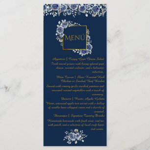 Elegant Navy Blue and Gold Floral Wedding MenuCard Menu