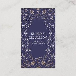 Elegant Navy Blue and Gold Foil Floral Luxury Business Card